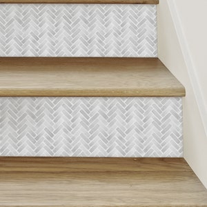 Water Color Herringbone, Winter Grey, Stair Riser Decals