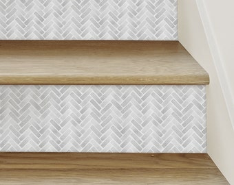 Water Color Herringbone, Winter Grey, Stair Riser Decals