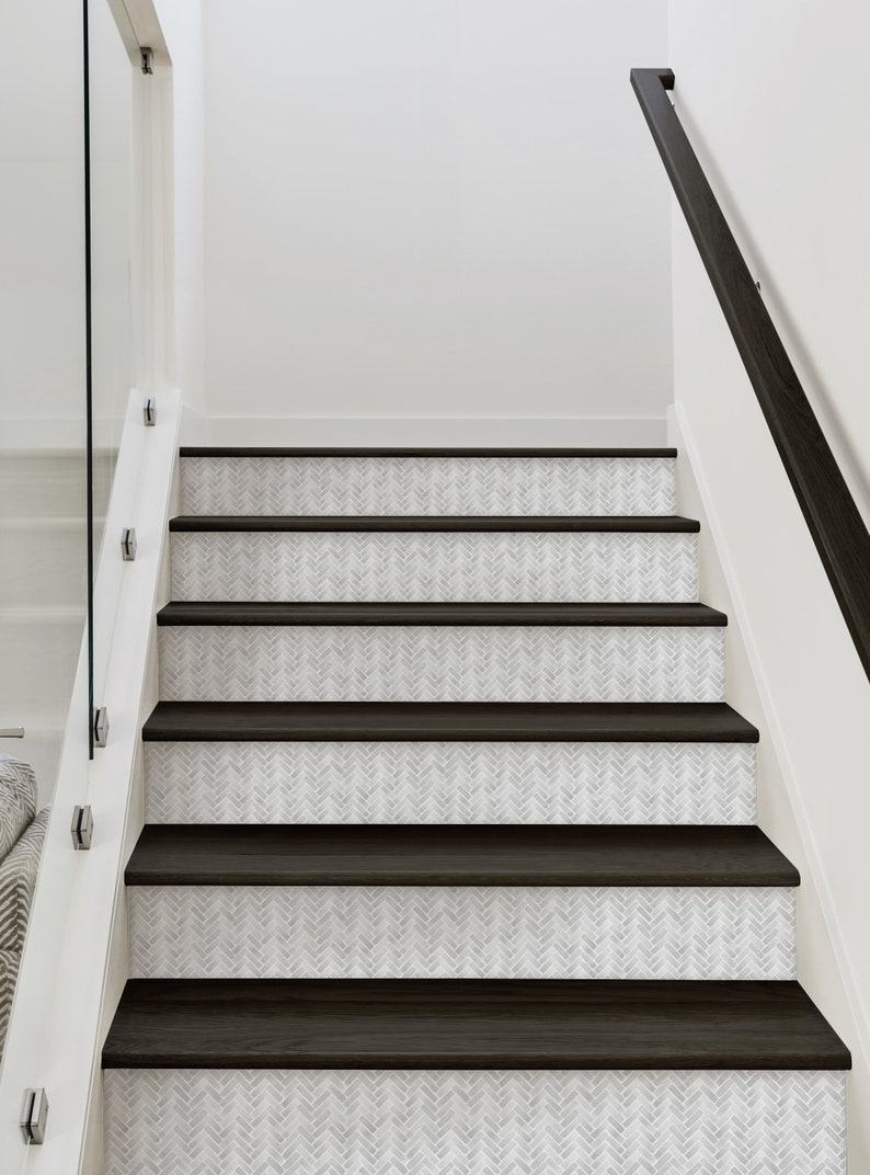 Water Color Herringbone, Winter Grey, Stair Riser Decals image 3