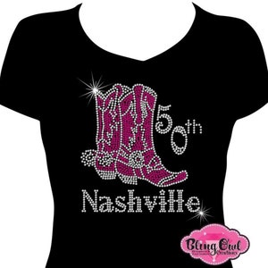 Nashville Cowgirl Birthday Rhinestone Bling T-Shirt, Custom Birthday Shirt, Sparkling Cowboy Boot Design, Country Western Party Tee