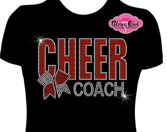 Cheer Coach Bow Rhinestone Bling T-Shirt - Customizable Sparkly Cheerleading Coach Shirt, Perfect Gift for Cheer Coaches, Team Spirit Wear