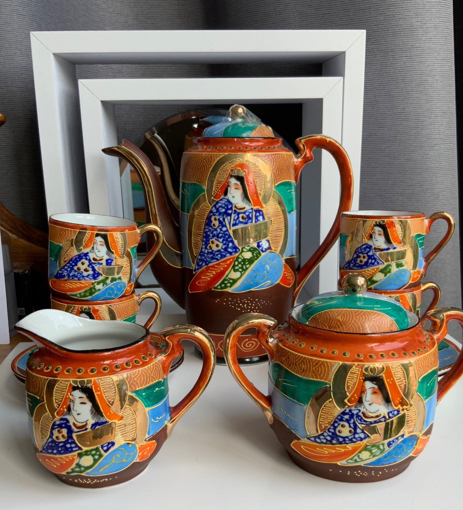 Vintage Japanese Satsuma style Moriage Tea set Hand Painted Etsy