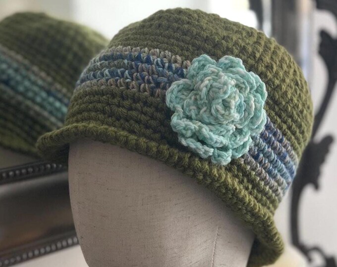 Featured listing image: Womens Cloche Khaki Crochet Hat with Flower | Ladies Cosy Winter Hat | Adult Winter Hat | Gift for Her | Christmas Gift for Grandma, Auntie