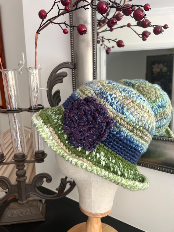Crochet Cloche Hat with Flower: Boho Vintage Style, Purple Pink Green