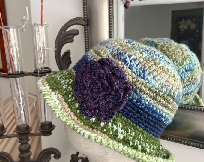 Featured listing image: Womens Wool Crochet Beanie Hat with Flower | Ladies Cosy Winter Hat | Adult Cloche Hat | Gift for Her | Christmas Gift for Grandma, Auntie