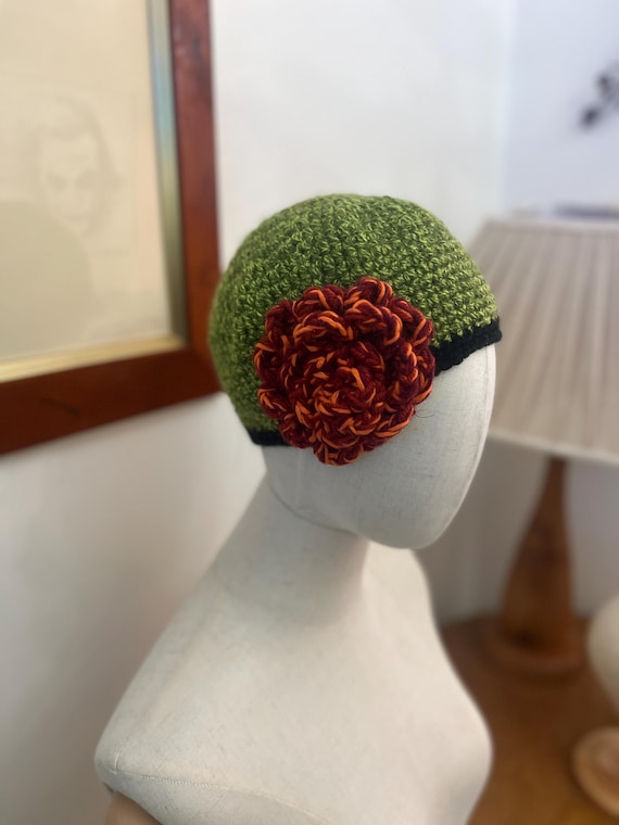 Handmade Crochet Beanie Hat with Flower | Vintage Style Winter Beanie | Adult Crochet Hat | gift for her