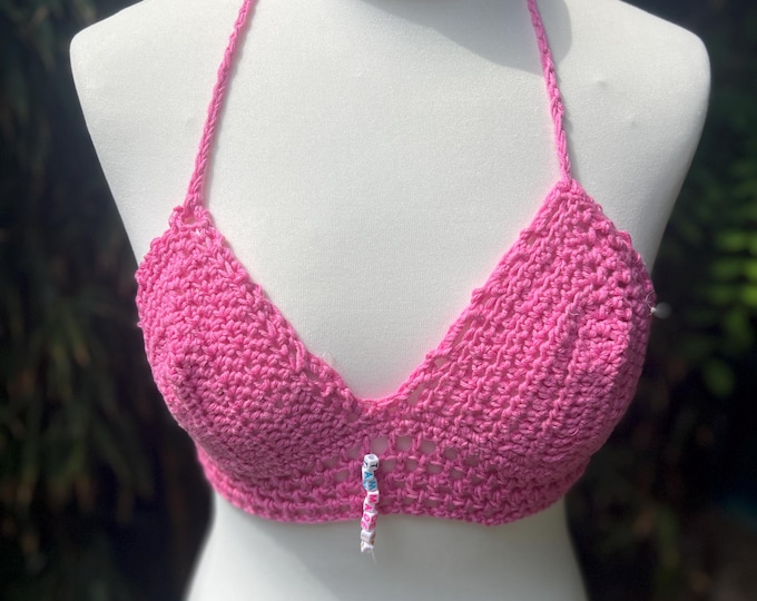 Featured listing image: Handmade Crochet Bikini Halter Top | Bralette Pink Festival Top | Boho Cotton Crop Top | Festival Gift for Her | Teen Girl Clothing