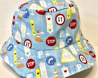 Reversible Kids Bucket Hat with Chin Strap – Toddler Sun Hat – Boys Car & Vehicle Print – Baby to Kids Summer Hat – Ready to Ship