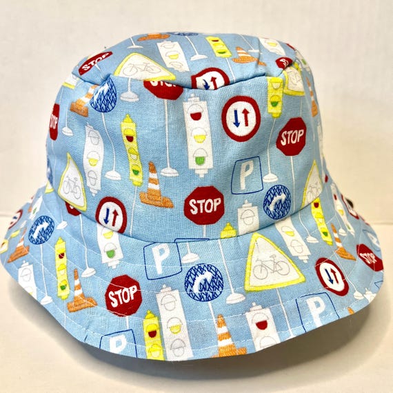 Reversible Kids Bucket Hat with Chin Strap – Toddler Sun Hat – Boys Car & Vehicle Print – Baby to Kids Summer Hat – Ready to Ship