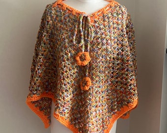 Crocheted Poncho in Vibrant Colors Rainbow Autumn Spring Cardigan Boho Hippie Retro Clothing Shawl Festival Cover Up