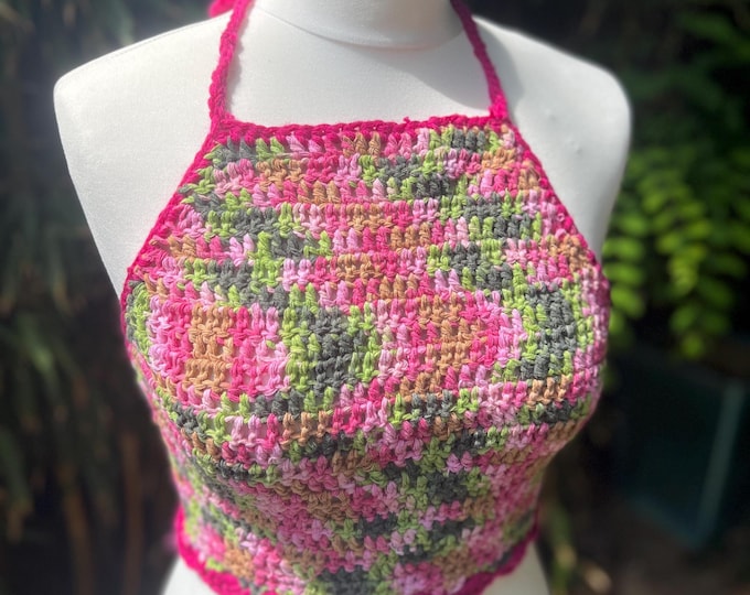 Featured listing image: Crocheted CROP TOP Backless Halter Neck Boho Hippie Festival Summer Tee Bralette Tank Top Beach Vacation Wear Boob Tube