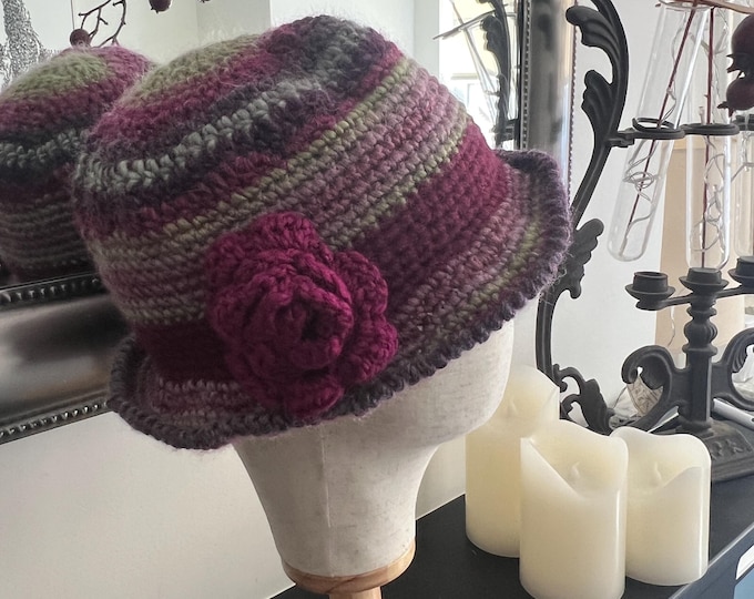 Featured listing image: Womens Cloche Crochet Hat with Flower | Autumn Ladies Hats | Adult Winter Hat | Boho Gift for Her | Christmas Gift for Grandma, Mum, Wife