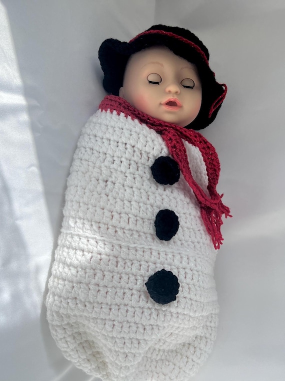 Crochet Snowman Baby Cocoon Pod & Hat Bundle Set: | Newborn Babies First Christmas