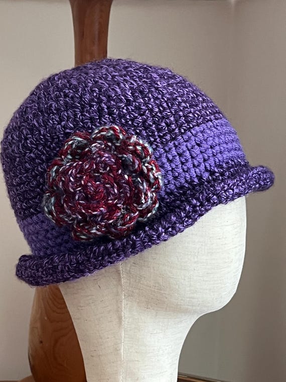 Handmade Crochet Cloche Beanie: Chunky Purple Knit with Floral Detail