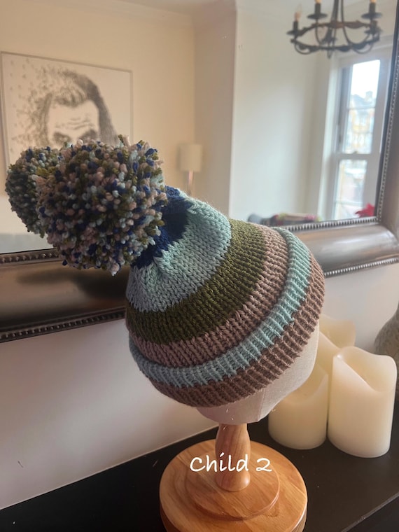 Handmade Child Knitted Beanie Hat – Double Layer Winter Hat with Pom, Cosy Warm Beanie with bobble