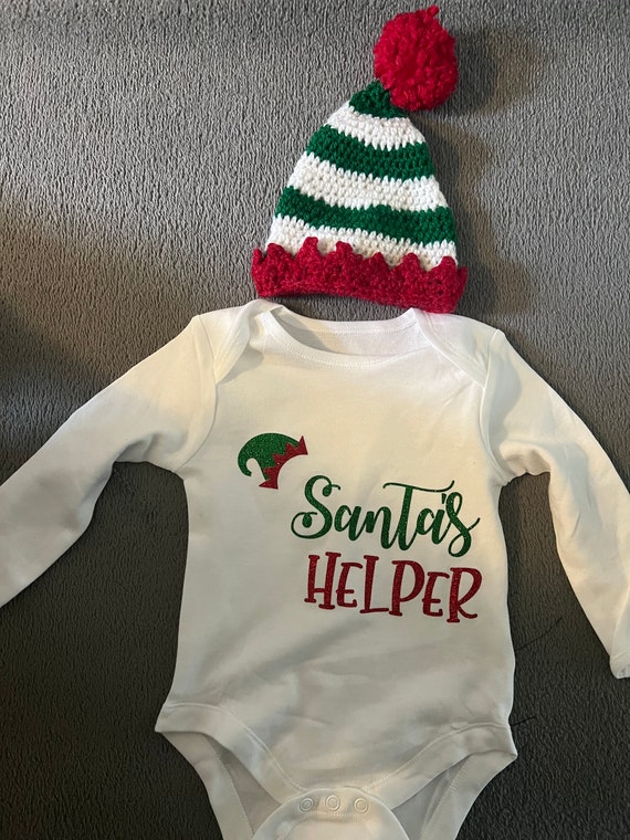 Santa’s Helper Personalized Bodysuit with Custom Name Festive Baby 1st Christmas Gender Neutral Long Sleeve Romper Baby Shower Gift Elf