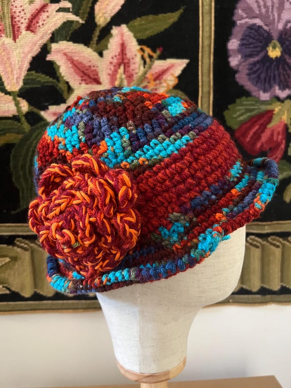 Handmade Crochet Cloche Hat: Chunky Multicolour Beanie with Flower