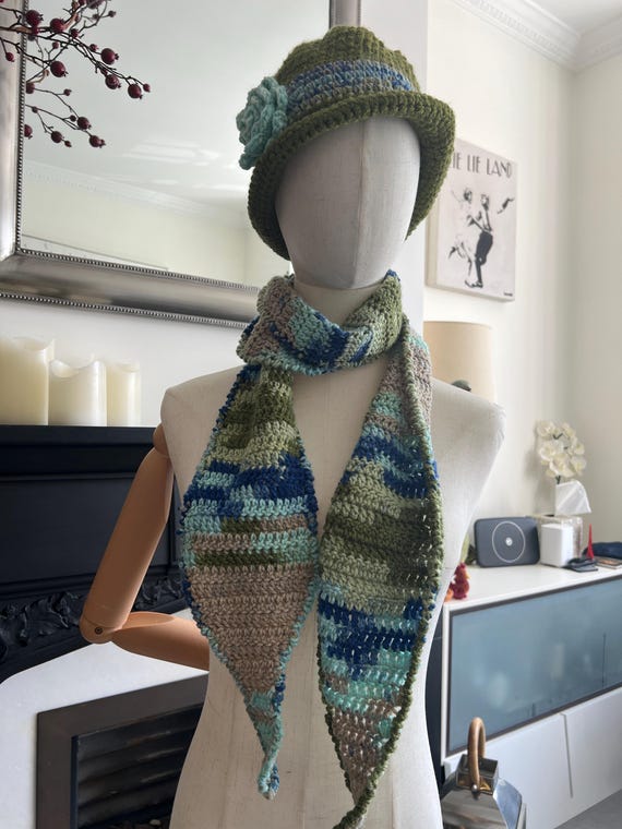 Handmade Crochet Sophie Style Skinny Scarf – Green & Blue Winter Scarf, Slim Layering Scarf, Adult