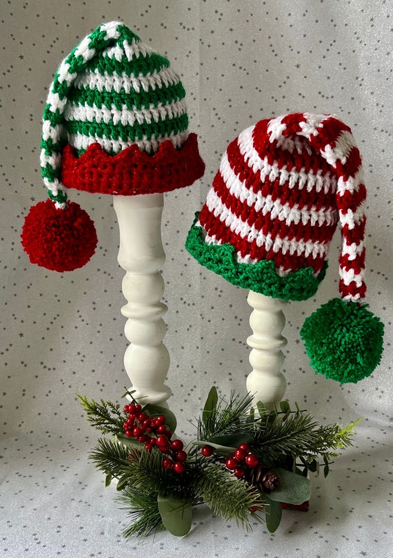 Handmade Elf Hat with Elongated Tail, Crochet Christmas Hat, Green and White Striped Hat, Newborn Knit Hat, Infant to Adult Size, Photo Prop