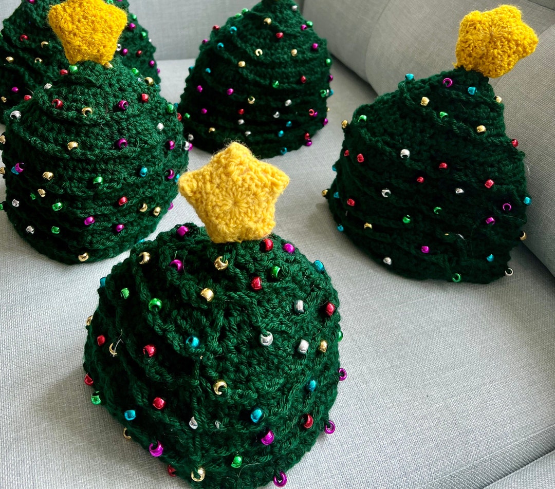 Christmas Tree Beanie With Beaded Ornaments Handknitted Adult Etsy UK