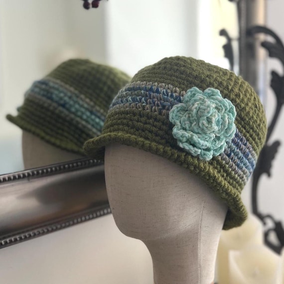 Crochet Cloche Hat with Flower: Boho Vintage Style, Purple Pink Green
