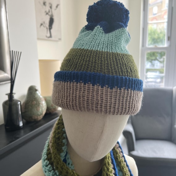 Handmade Adult Knit Beanie Hat – Green Blue Striped Winter Hat with Pom, Double Layer