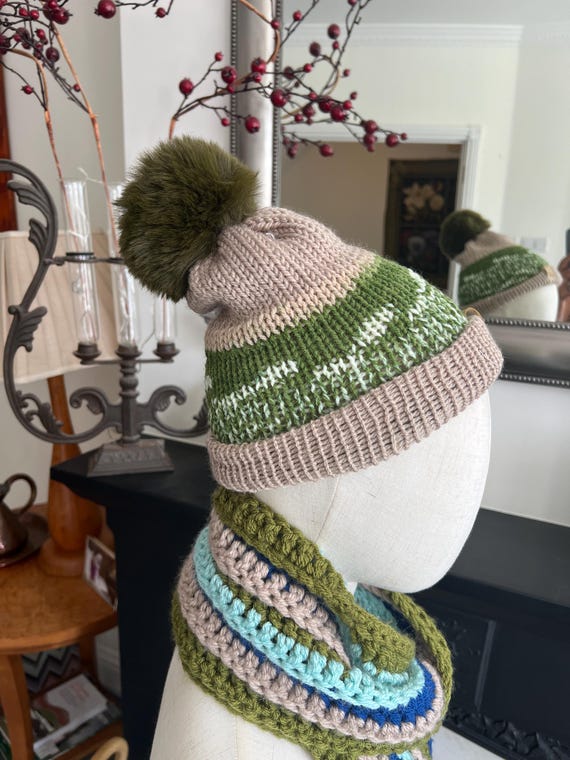 Handmade Adult Knitted Beanie Hat – Green Neutral Winter Hat with Faux Fur Pom, Double Layer