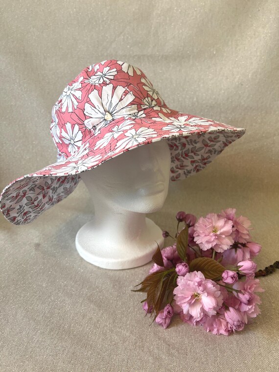Reversible Women's Sun Hat with Ponytail Hole | Adjustable Cotton Floppy Hat | Floral Summer Hat with Bow | Handmade Garden Hat