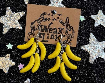 Banana Bunch Dangle Earrings: Handmade Polymer Clay Fruit Jewelry