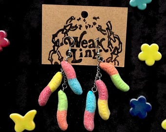 Sour Worm Dangle Earrings: Handmade Polymer Clay Gummy Worm Jewelry