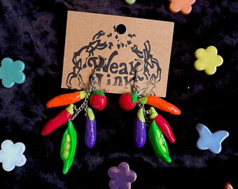 Garden Party  Dangle Earrings | Quirky Vegetable  Polymer Clay Charm Earrings | Fun Foodie Jewelry |