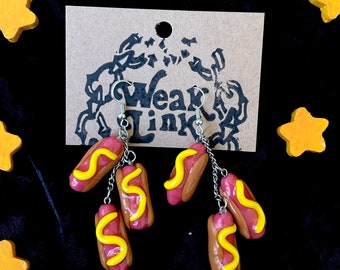 Handmade Hot Dog Dangle Earrings: Polymer Clay Foodie Jewelry