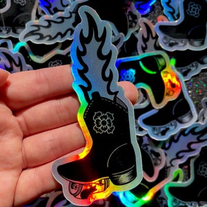 Flaming Cowboy Boot Holographic Sticker: Waterproof Vinyl Decal