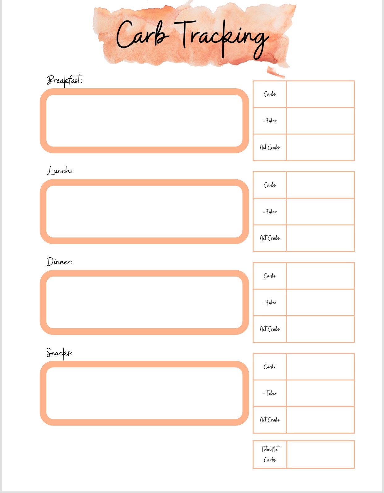 Carb Tracker, Instant Download Tracker. Keto, Low Carb Counting