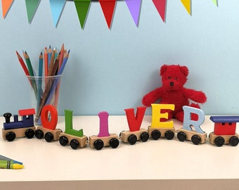 Colourful Wooden Letter Name Train. Educational Fun - can include Personalised Gift Bag - keepsake christening, new born, birthday