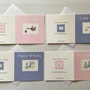 May include: Four greeting cards with envelopes. Two cards feature a stork carrying a baby with the text "a star is born!" One card is pink and the other is blue. The other two cards feature a train with the text "Happy Birthday". One card is blue and the other is pink.