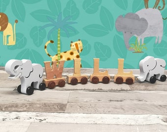 Elephant Natural Wooden Letter Name Train. Educational Fun - add Personalised Gift Bag - keepsake for Christening, new born, birthday