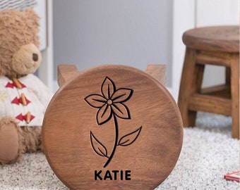 Personalised Wooden Flower Stool For Children, Rustic Solid Wood Stool, Stepping Stool, Small Table Stool, Poop Stool