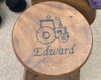 Personalised Wooden Tractor Stool For Children, Rustic Solid Wood Stool, Stepping Stool, Small Table Stool, Poop Stool