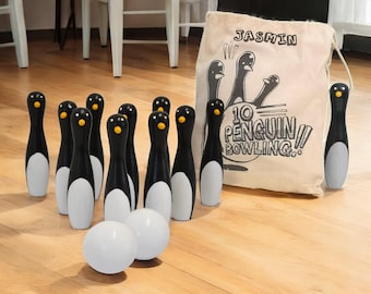 Ten Pin Bowling Set with personalised presentation bag - Penguin Skittles