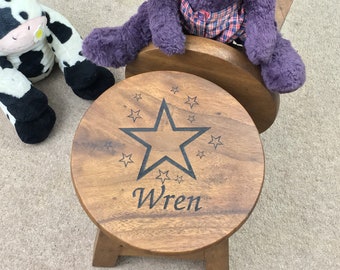 Personalised Wooden Stars Stool For Children, Rustic Solid Wood Stool, Stepping Stool, Small Table Stool, Poop Stool