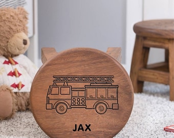 Fire Engine Themed Wooden Stool For Children, Rustic Solid Wood Stool, Stepping Stool, Small Table Stool, Poop Stool