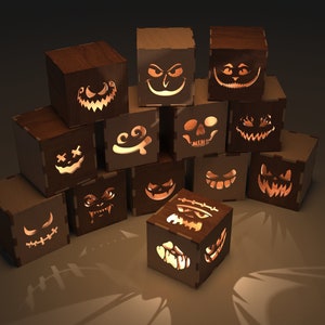 75 GEZICHTEN voor HALLOWEEN Lichtbakken (lampen), Decor voor Halloween, Pompoengezichten voor Halloween. dxf-bestanden voor laser of CNC-machine