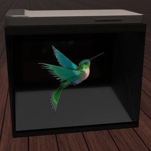 May include: A black box with a clear front panel displaying a green and blue hummingbird in flight.