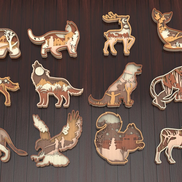 12 Modelle von Tierfiguren Decor | Laser Cut Dekor | Tierlampen für Lasermaschine und CNC