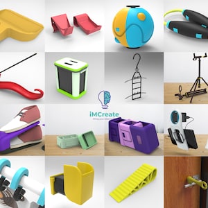 May include: A collection of 3D printed designs, including a yellow dustpan, a red shoe holder, a blue and yellow sphere, a black and yellow jump rope, a red incense holder, a green and black trash can, a black hanger, a black tripod, a purple phone holder, a yellow pencil holder, a yellow doorstop, and a silver door handle.