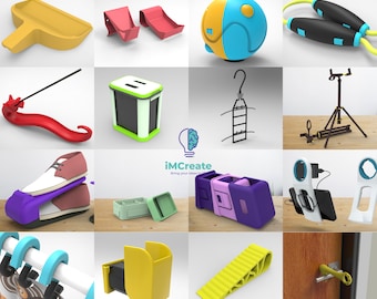 May include: A collection of 3D printed designs, including a yellow dustpan, a red shoe holder, a blue and yellow sphere, a black and yellow jump rope, a red incense holder, a green and black trash can, a black hanger, a black tripod, a purple phone holder, a yellow pencil holder, a yellow doorstop, and a silver door handle.