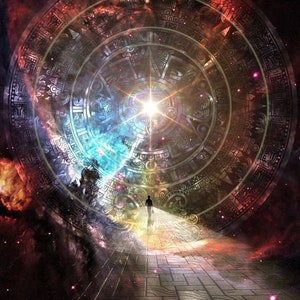 Puede incluir: Una persona camina hacia una luz brillante que emana de una gran estructura circular de piedra con intrincados tallados. La estructura se encuentra sobre un fondo de nebulosa colorida con estrellas.