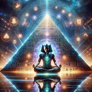 Puede incluir: Una ilustración digital de una persona meditando frente a una pirámide con una luz brillante que emana de la cima. La pirámide está rodeada por un círculo de símbolos y la persona está rodeada por un aura brillante.