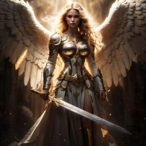 Può includere: Una donna con lunghi capelli biondi che indossa un abito bianco e un'armatura argentata, con grandi ali bianche piumate e impugnando una spada. È in piedi davanti a una luce brillante.